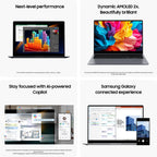 A four-panel marketing graphic for a laptop and phone bundle. The top-left panel shows a laptop with colorful software charts and the text 'Next-level performance.