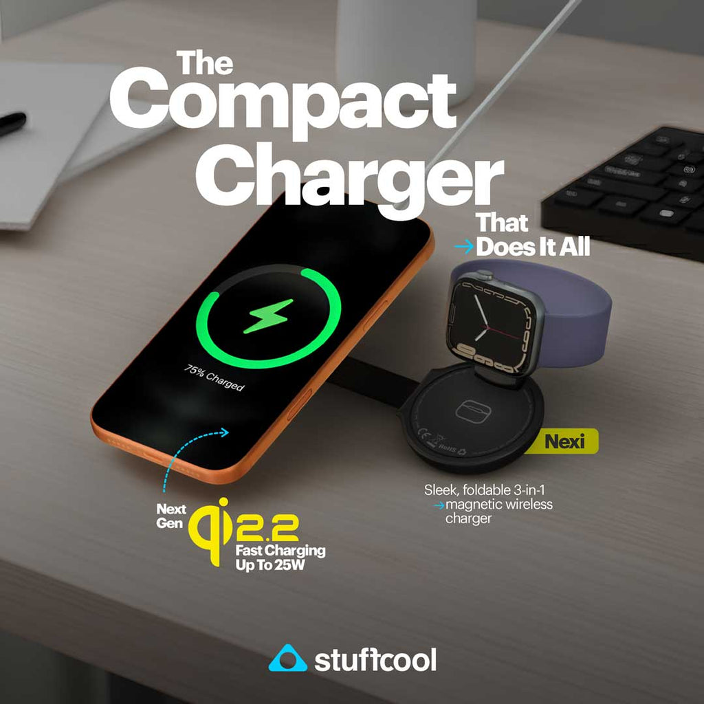Stuffcool - Nexi 3 in 1 Foldable Magnetic Wireless Charger Qi2.2 Certified 25W Fast Charger