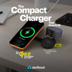 Wireless charger with smartphone, watch, and band on a desk with 'stuffcool' branding.