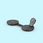 A black wireless charging pad set with an adjustable central arm and a hinged cover, shown on a light blue background.
