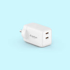 A white plug-in charger with two USB-C ports, featuring the 'stufitool' brand logo, shown on a light blue background.
