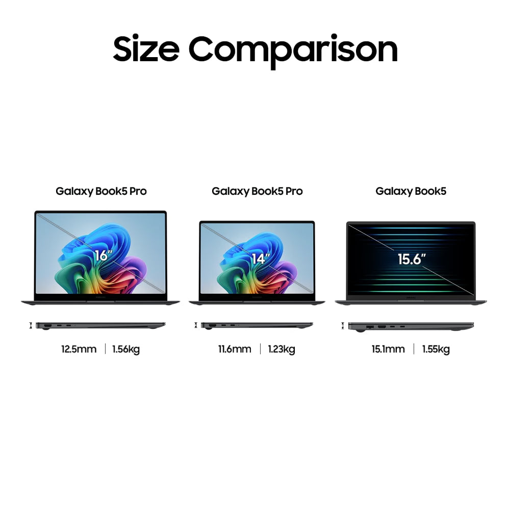 Size comparison chart of Samsung Galaxy Book5 Pro and Galaxy Book5 laptops.