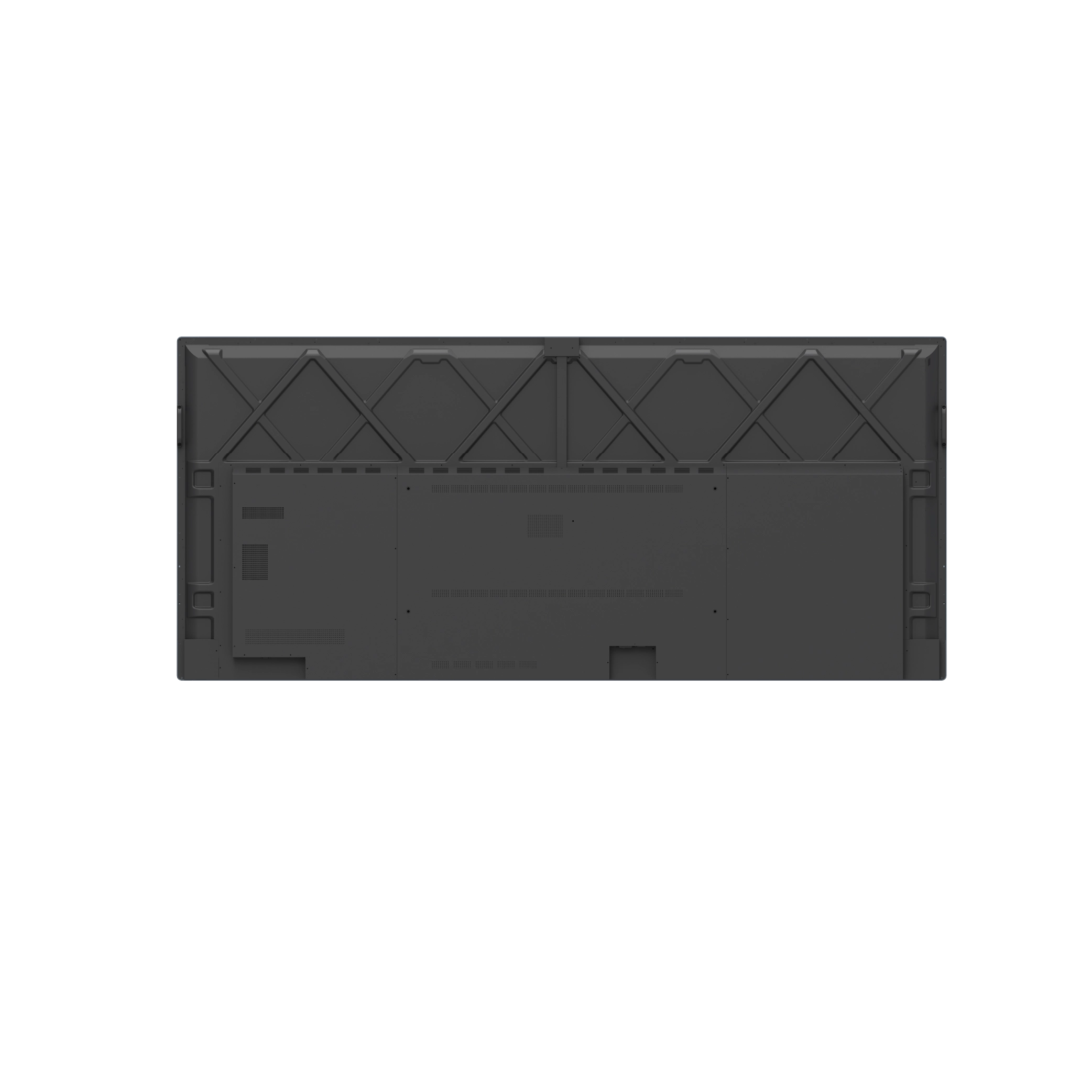 The underside of a black rectangular electronic device, showing a textured crisscross pattern along the top edge and molded plastic compartments on the bottom, isolated on a white background.