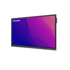 Panasonic interactive display monitor with a black bezel and a vibrant purple and blue gradient screen, shown at an angle on a white background.