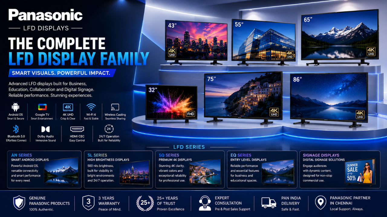 Panasonic LFD Displays promotional banner showcasing multiple LED monitor models in different sizes, including 32-inch, 43-inch, 55-inch, 65-inch, 75-inch, and 86-inch screens, with feature icons and product series details.