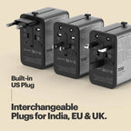 Three travel adapters with interchangeable plugs for India, EU, and UK on a beige background.