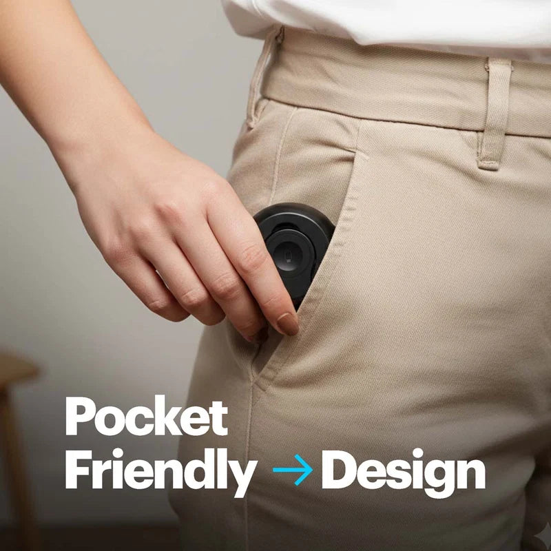 Person putting a small black device into their pocket with text 'Pocket Friendly Design' on a neutral background.