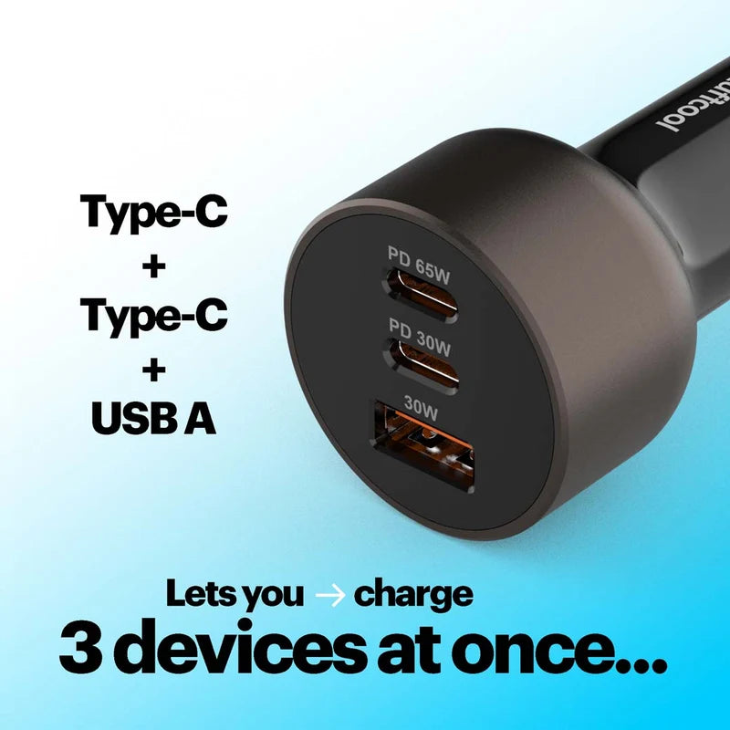 Multichannel charging adapter with Type-C and USB ports on a blue gradient background