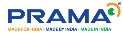 PRAMA logo with the brand name in blue, an orange and green circular emblem, and the text 'MADE FOR INDIA - MADE BY INDIA - MADE IN INDIA' on a white background.