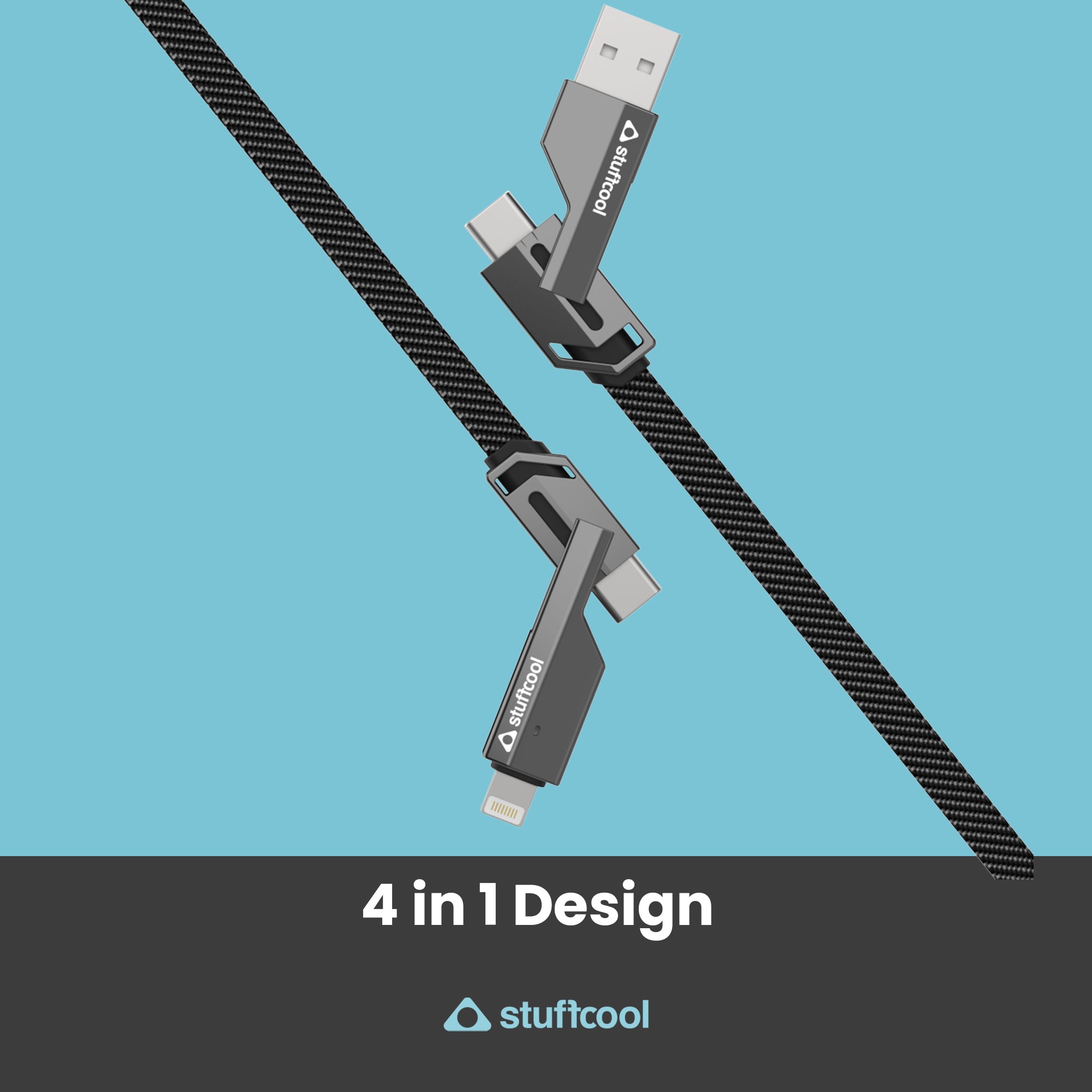 Quad Pro 4 in 1 Indestructible Cable 60W with lightning to type C, type C to C, lightning to USB A