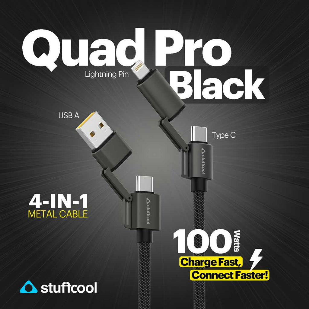 Quad Pro Black 4 In 1 Cable 100W With E-Marker Chip 1.5M