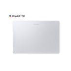A silver Samsung laptop lid shown closed on a white background, with the Copilot+PC logo printed in the upper left corner.