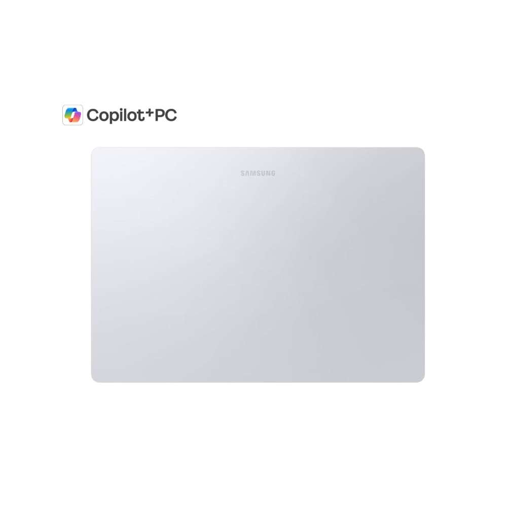 A silver Samsung laptop lid shown closed on a white background, with the Copilot+PC logo printed in the upper left corner.