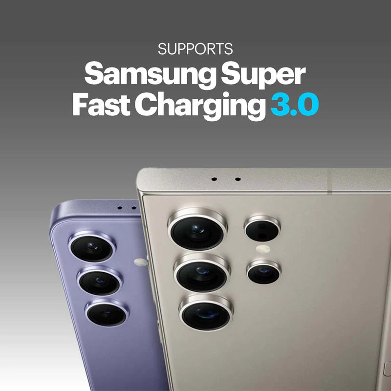 Two smartphones with camera lenses on a gradient background, highlighting Samsung Super Fast Charging 3.0.