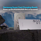 Samsung phone being charged with text about Super Fast Charging on a mountain background
