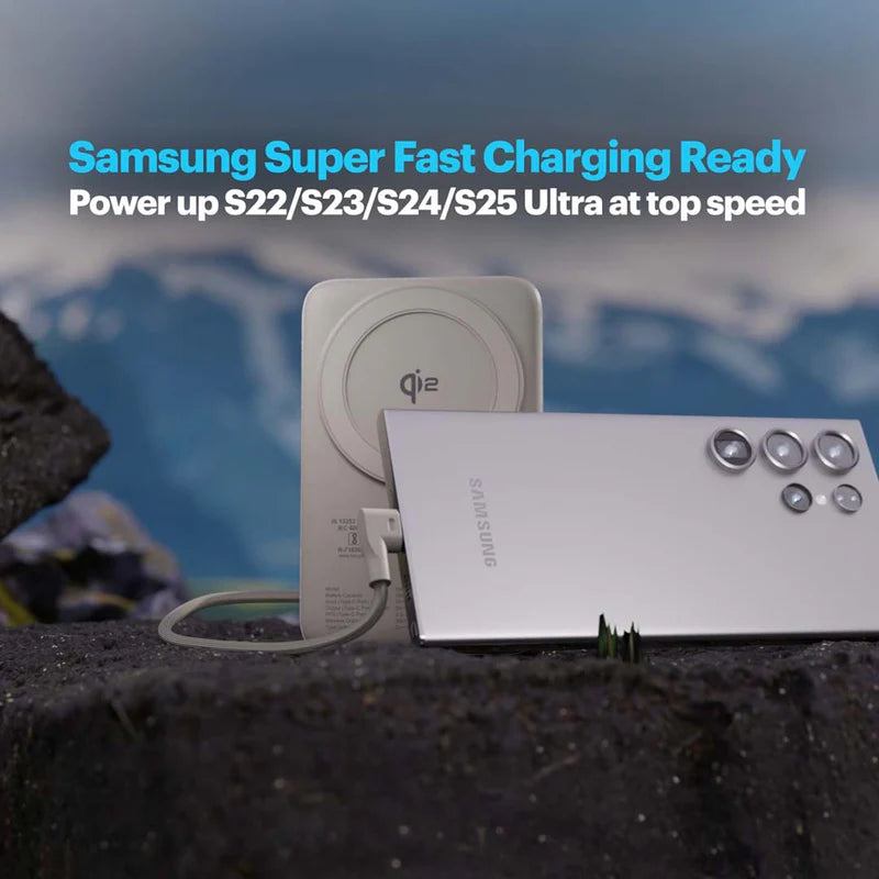 Samsung phone being charged with text about Super Fast Charging on a mountain background