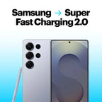 Samsung smartphone with 'Super Fast Charging 2.0' text on a blue gradient background