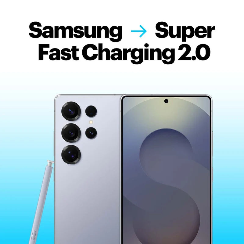 Samsung smartphone with 'Super Fast Charging 2.0' text on a blue gradient background