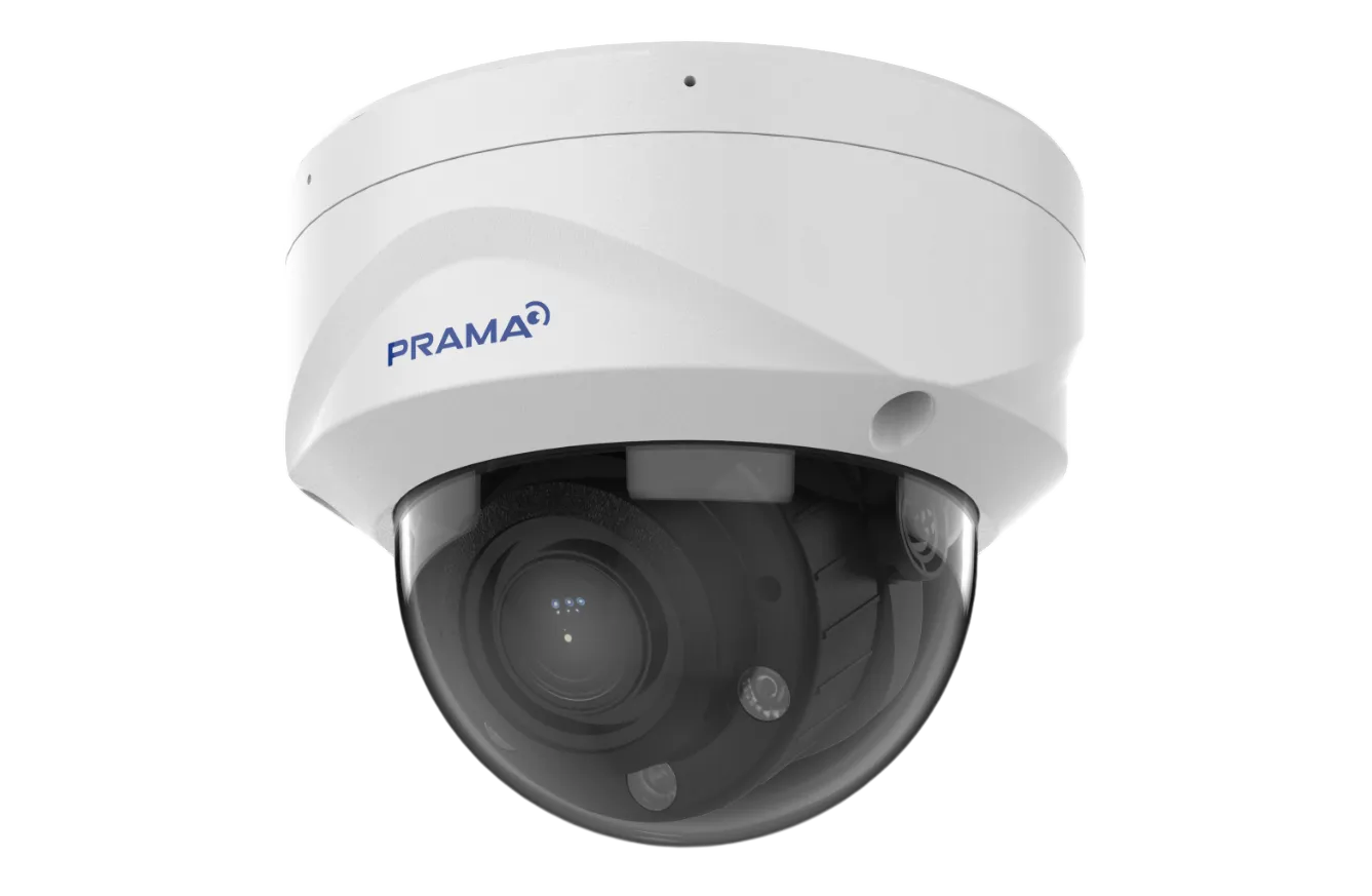 A white dome security camera with a black lens cover and the PRAMA logo printed in blue on the side, set against a plain white background.