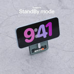 Phone with a screen displaying '9:41' on a textured gray background, featuring text 'Supports StandBy mode'.