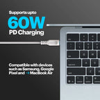 Laptop with USB-C cable on a dark background, highlighting 60W PD charging capability.