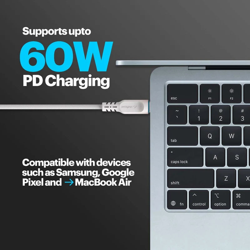 Laptop with USB-C cable on a dark background, highlighting 60W PD charging capability.