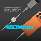 Type-C cable with data transfer speed of 480Mbps connected to a phone on a dark background