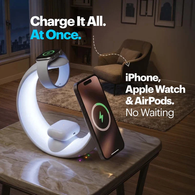 Wired charging station with smartphone, Apple Watch, and AirPods on a table in a room.