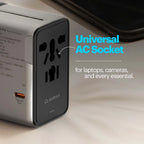 Universal AC socket with text highlighting its use for laptops and cameras.