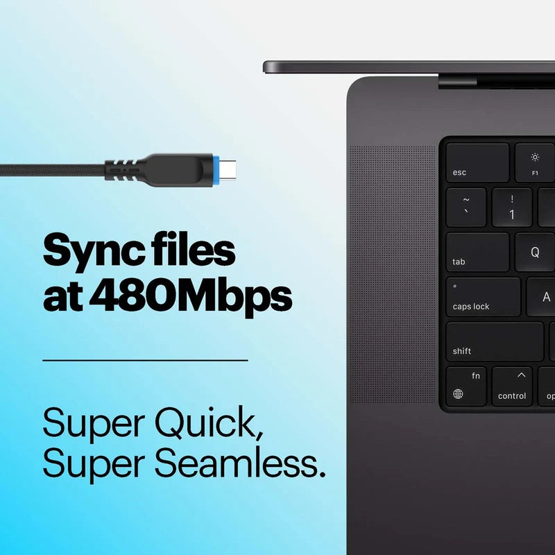 A close-up of a dark gray laptop keyboard next to a USB-C cable, with promotional text reading 'Sync files at 480Mbps' and 'Super Quick, Super Seamless.' on a light blue gradient background.