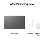 Product listing of Samsung Galaxy Book5, C to C cable, and compact charger on a white background.