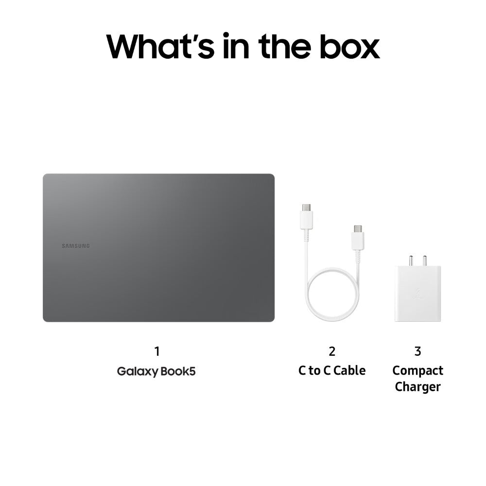 Product listing of Samsung Galaxy Book5, C to C cable, and compact charger on a white background.