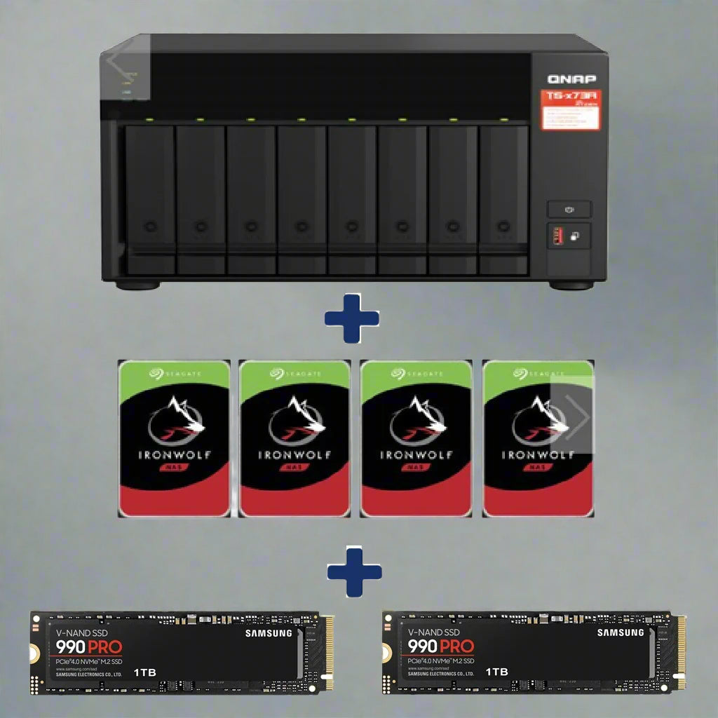 QNAP TS-873A-8G 8-Bay NAS with 32TB Seagate IronWolf HDDs (8TBx4) | 16 GB RAM | 2TB SSD Cache | High-Performance ZFS Storage Solution for SMBs & Creators