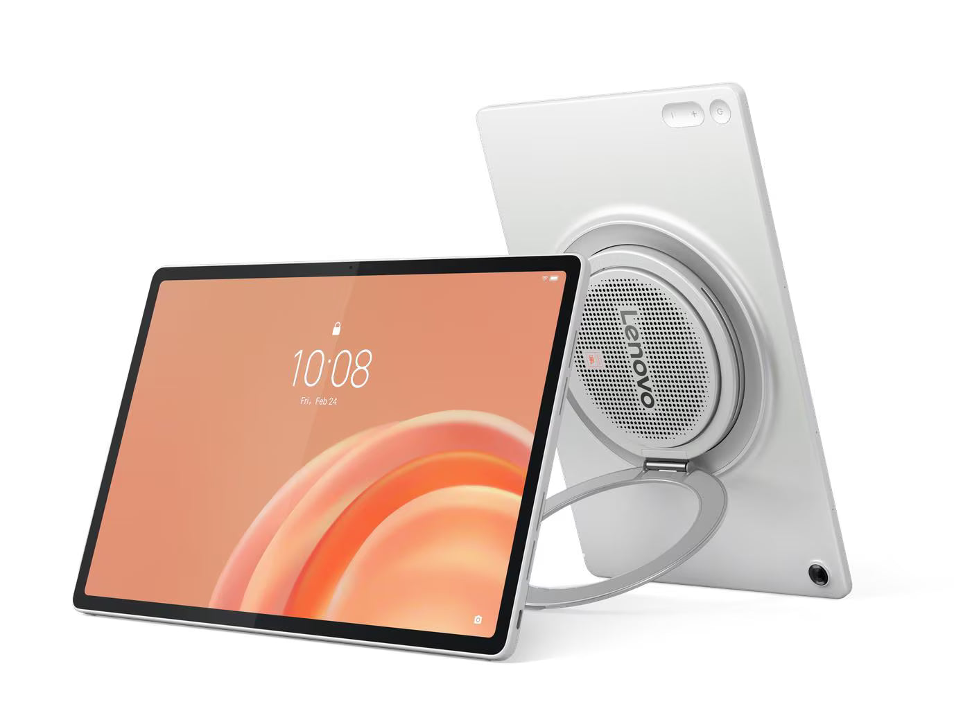 A Lenovo tablet shown in two views on a white background: one angled in front displaying an orange lock screen, and one behind showing a circular magnetic accessory attached to the back.