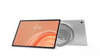 A Lenovo tablet shown from the front and back on a clean white background. The front view displays a peach-colored screen with the time 10:08, while the back view shows a metallic silver chassis with a circular speaker grille.