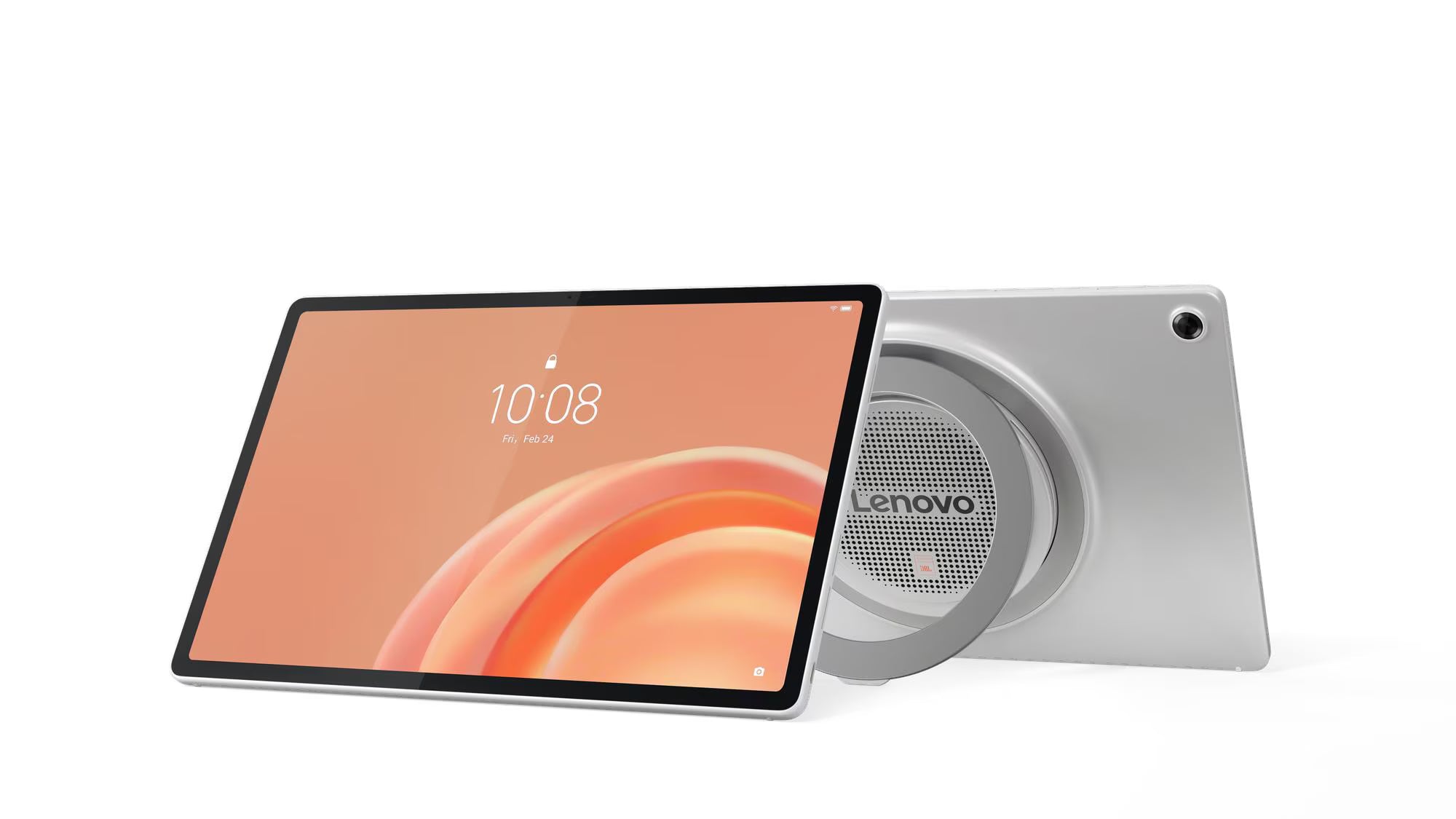 A Lenovo tablet shown from the front and back on a clean white background. The front view displays a peach-colored screen with the time 10:08, while the back view shows a metallic silver chassis with a circular speaker grille.