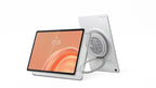 A silver Lenovo tablet shown in two views on a white background: one front view with the screen on and one back view showing a circular magnetic stand.
