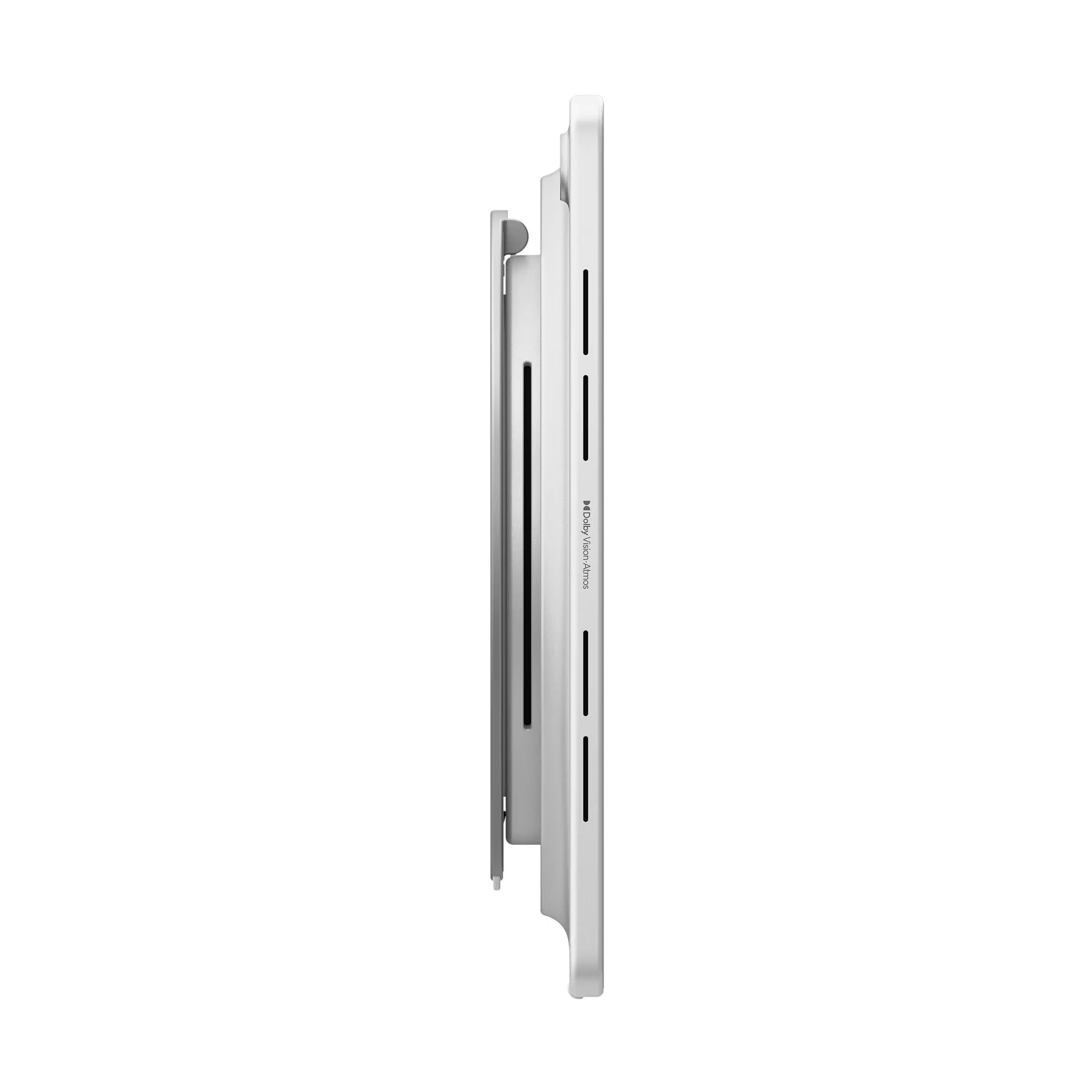 A slim white electronic device shown in a side profile view against a solid white background.
