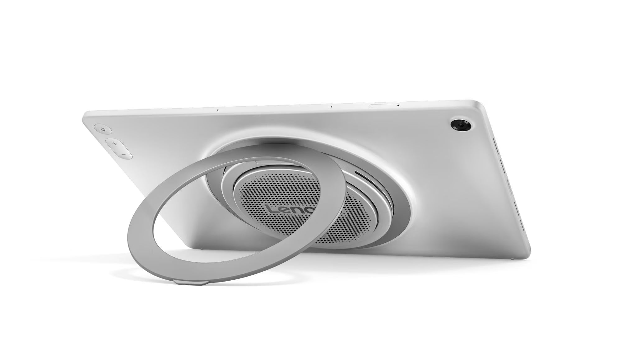 A silver tablet shown from the back with a circular metallic ring accessory placed in front of it, photographed on a clean white background.
