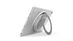 A silver tablet shown at an angle with a circular magnetic ring stand attached to the back, photographed on a clean white background.