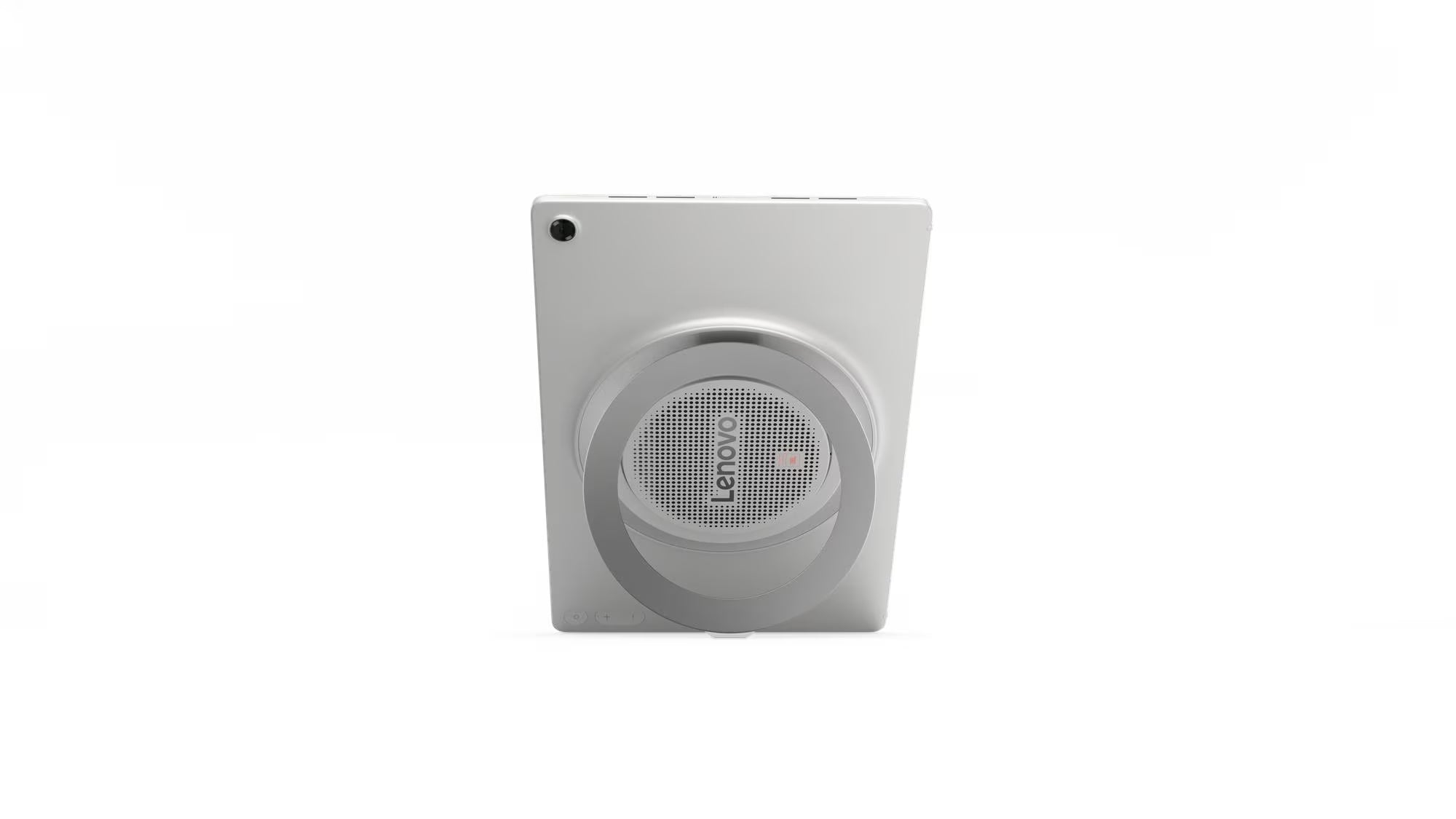 A silver Lenovo tablet shown from the back on a plain white background.