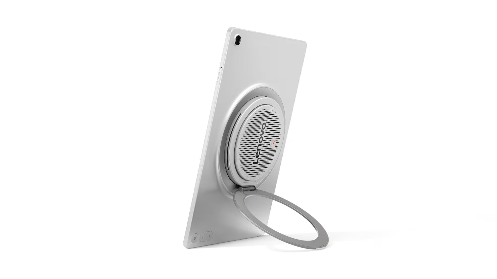 A silver Lenovo tablet shown from the back with its built-in kickstand extended, on a clean white background.