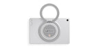 A silver Lenovo tablet shown from the back with a circular ring stand attached to the front, photographed on a plain white background.