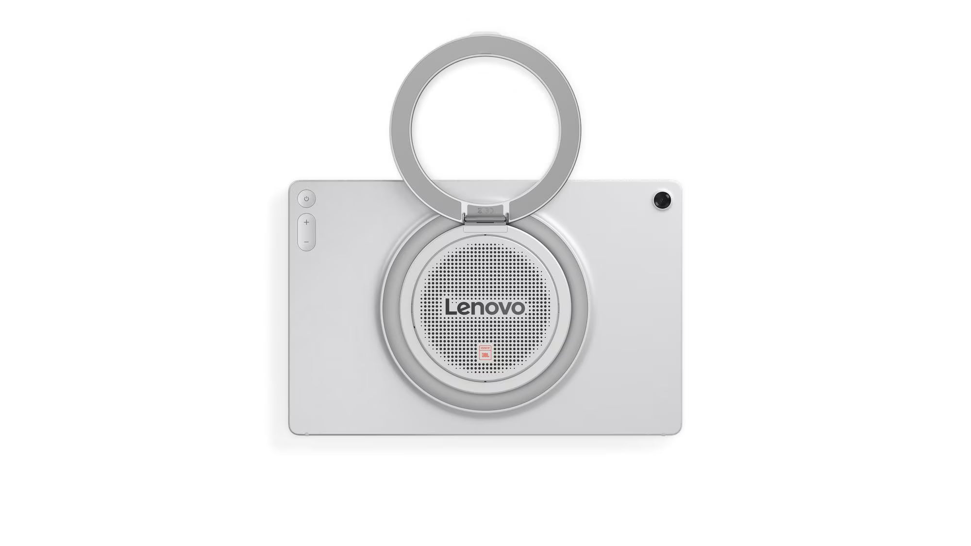 A silver Lenovo tablet shown from the back with a circular ring stand attached to the front, photographed on a plain white background.