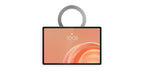 A tablet device with a black bezel and a circular gray hanging loop at the top, shown against a plain white background. The screen displays a peach and orange abstract wallpaper with the time 10:08.