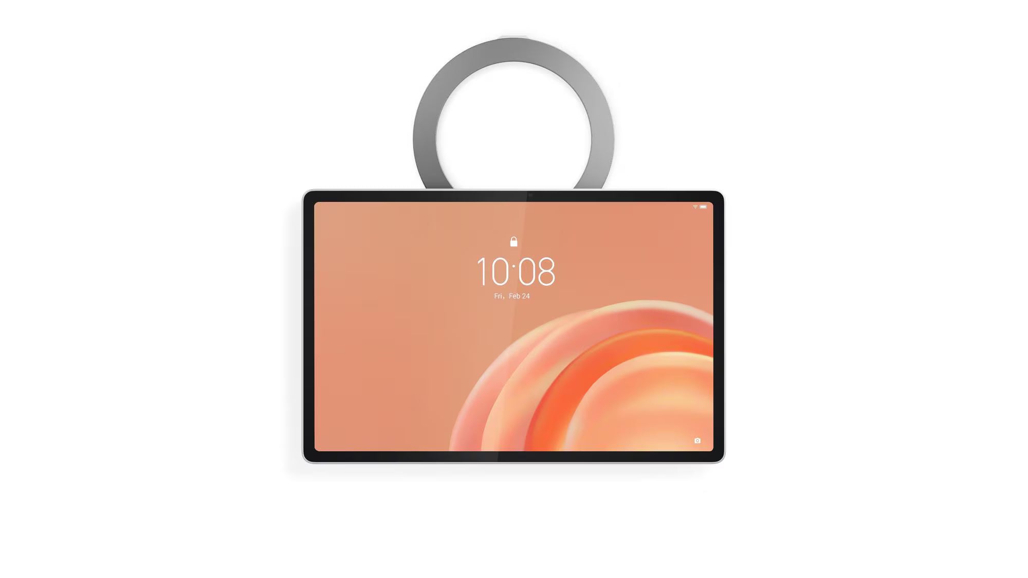 A tablet device with a black bezel and a circular gray hanging loop at the top, shown against a plain white background. The screen displays a peach and orange abstract wallpaper with the time 10:08.