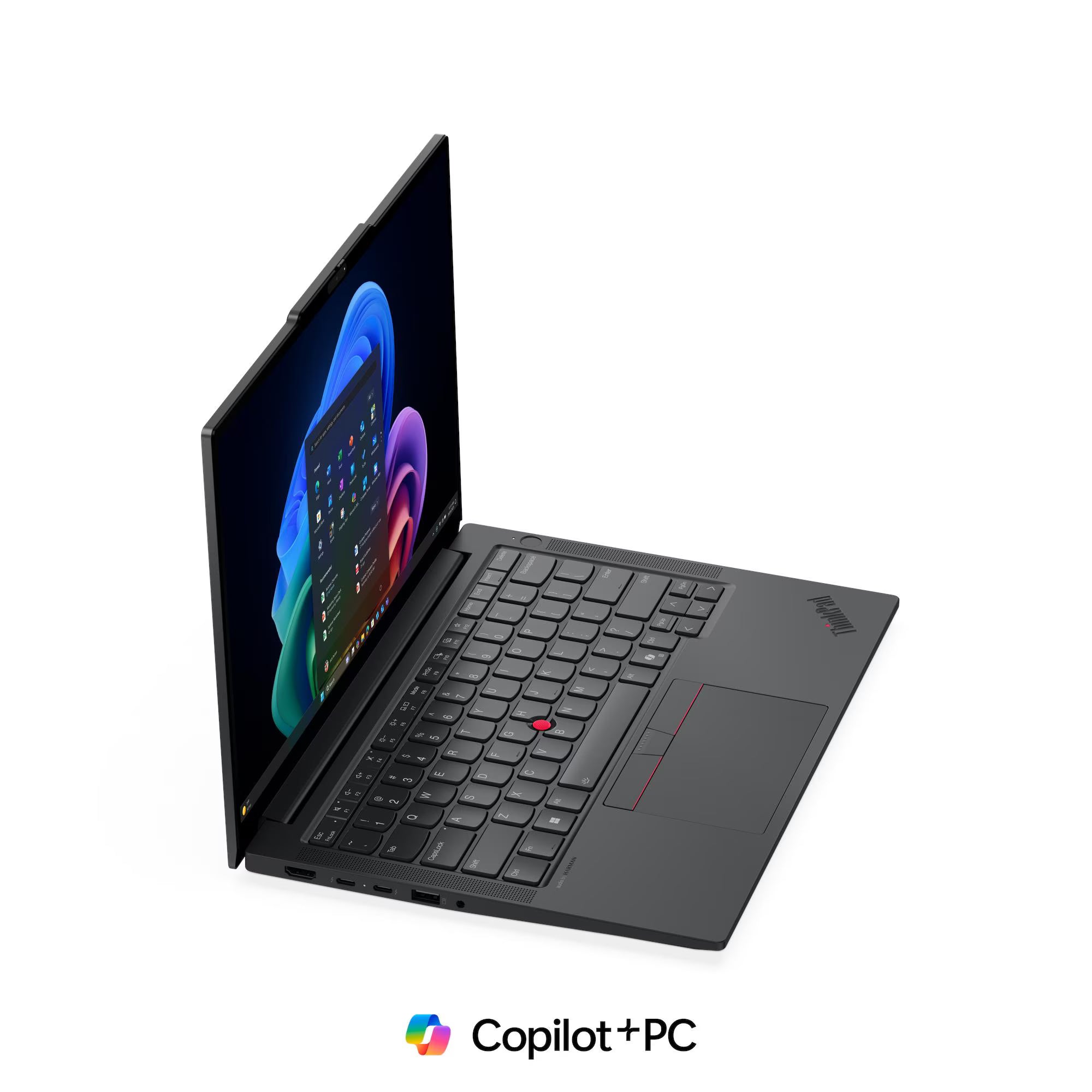 Open laptop with colorful display on a white background, featuring 'Copilot+PC' logo.