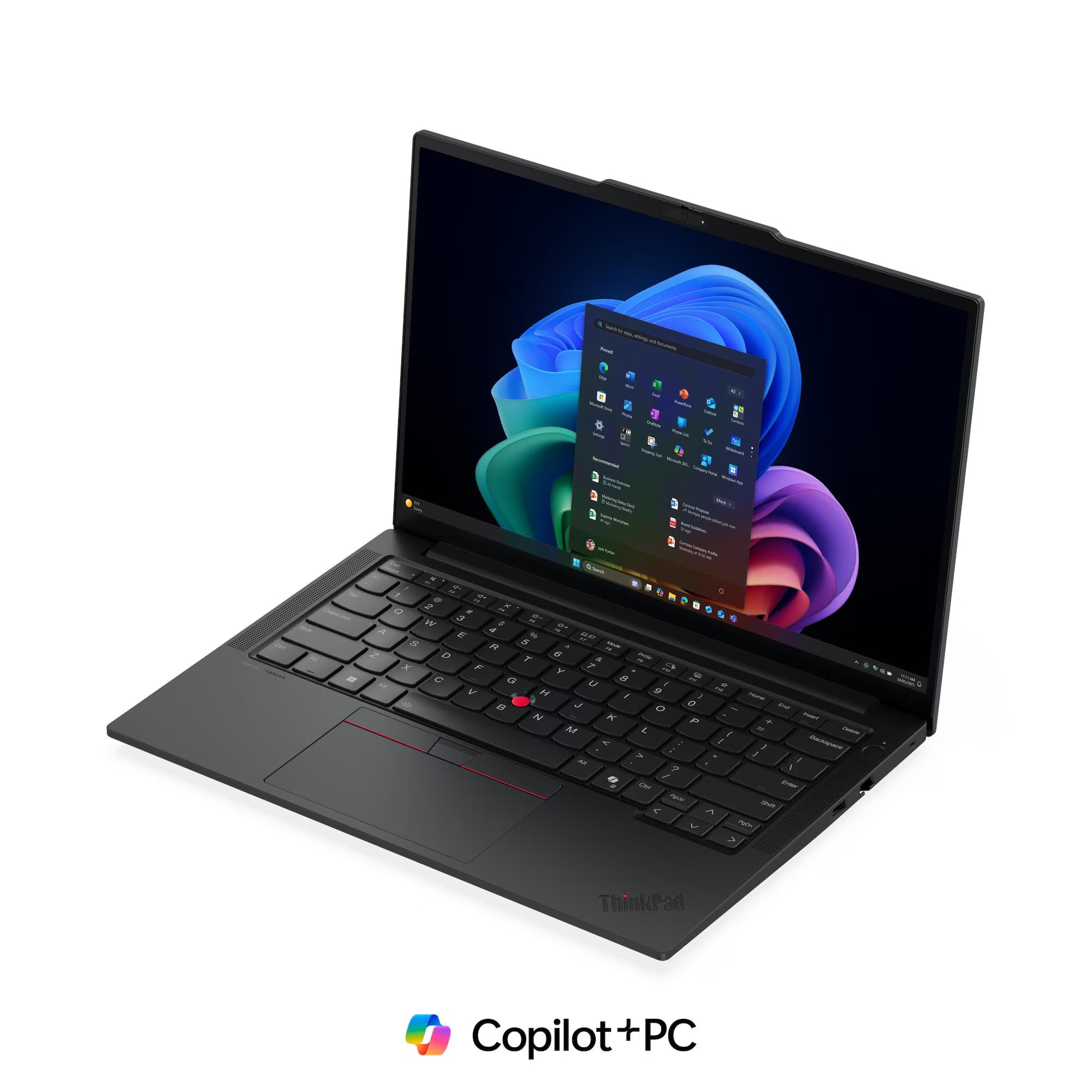 A black ThinkPad laptop shown open at an angle on a white background, with the Copilot+PC logo below it. The screen displays a colorful desktop interface.