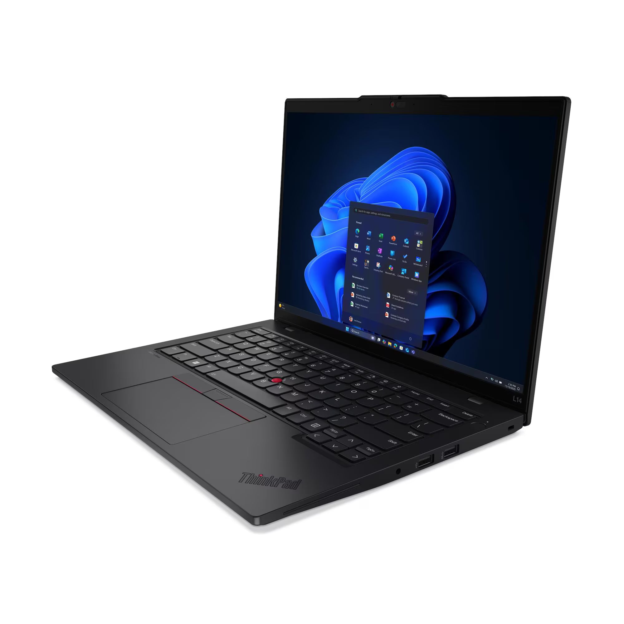 Black ThinkPad laptop open on a white background