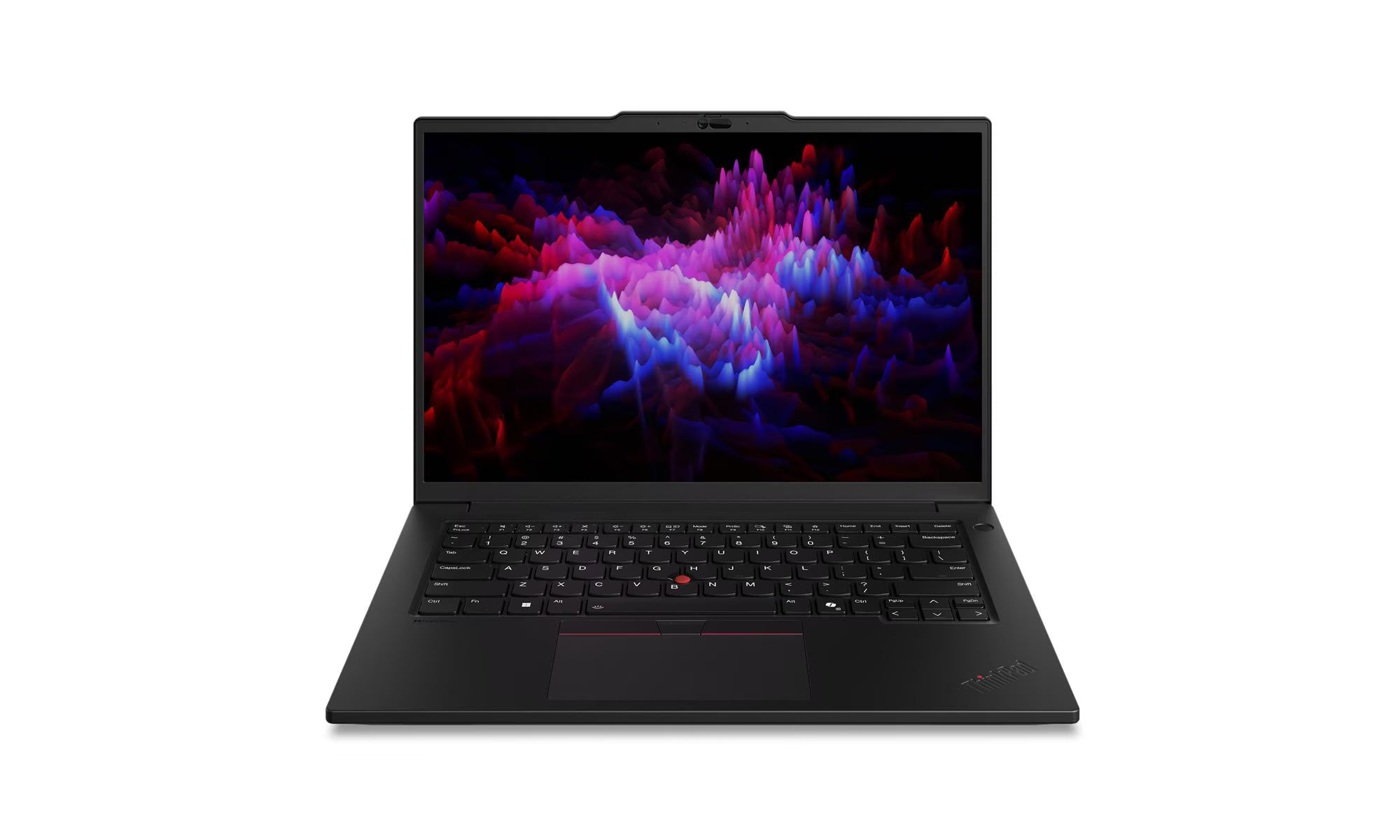 Black laptop with colorful display on a white background